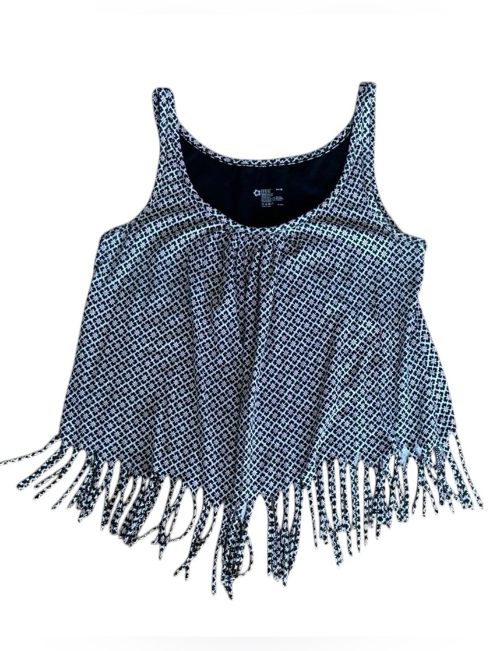 HUE Black Pink Geometric Floral Fringe Hem Tank Top Sz M Boho Festival
